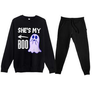 Shes My Boo Cute Ghost Matching Couple Halloween Costume Premium Crewneck Sweatsuit Set