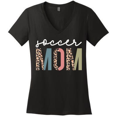 Soccer Mom Cute Mom Life Soccer Game Day Cheer Mom Leopard Women's V-Neck T-Shirt