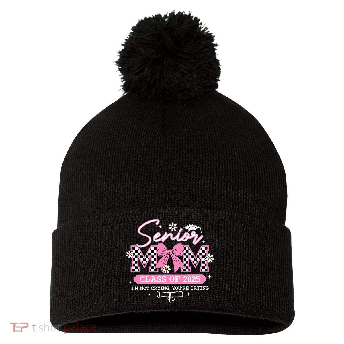 Senior Mom Class Of 2025 Senior 2025 Coquette Bow Pom Pom 12in Knit Beanie