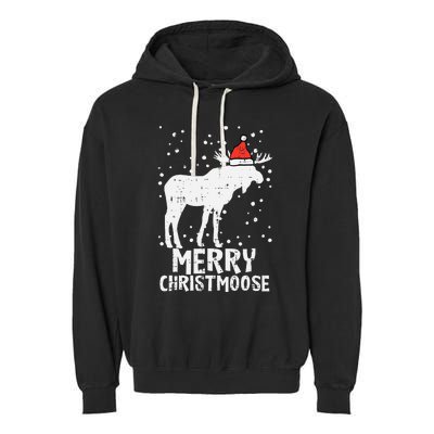 Santa Merry Christmoose Funny Christmas Moose Pajama Garment-Dyed Fleece Hoodie