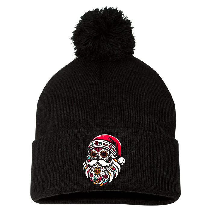 Santa Mexico Calavera Christmas Pom Pom 12in Knit Beanie