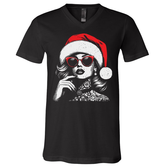 Stylish Mrs Claus Merry Christmas Xmas Vintage Women V-Neck T-Shirt