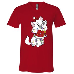 Santa Marie Cat Christmas Lights Marie Christmas V-Neck T-Shirt