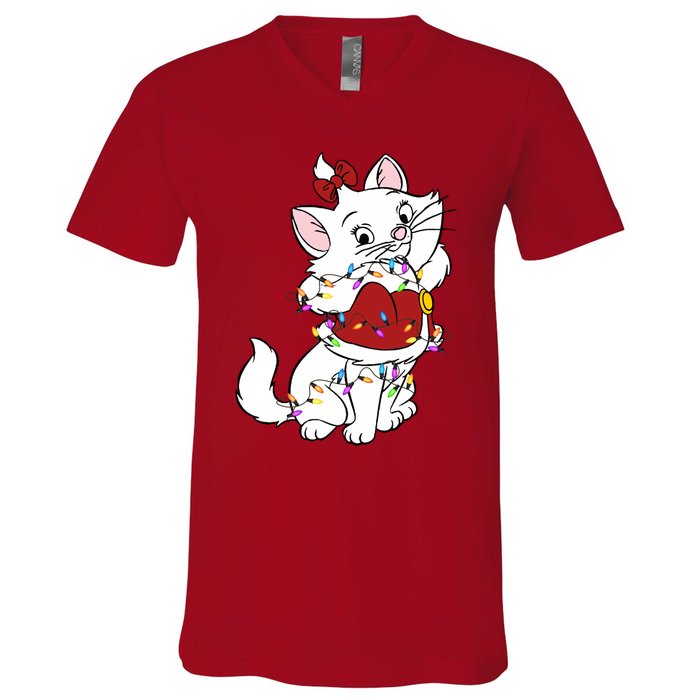 Santa Marie Cat Christmas Lights Marie Christmas V-Neck T-Shirt