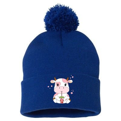 Strawberry Milk Cute Kawaii Aesthetic Pink Cow Print Gift Pom Pom 12in Knit Beanie