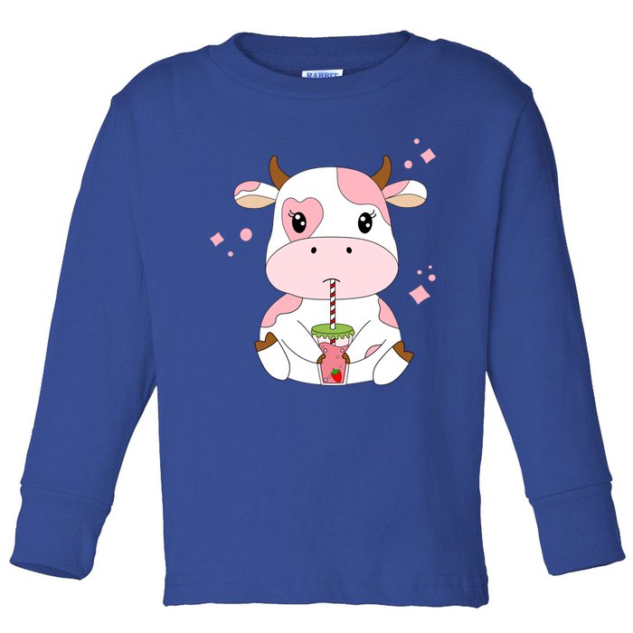 Strawberry Milk Cute Kawaii Aesthetic Pink Cow Print Gift Toddler Long Sleeve Shirt