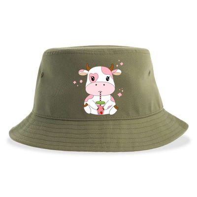 Strawberry Milk Cute Kawaii Aesthetic Pink Cow Print Gift Sustainable Bucket Hat