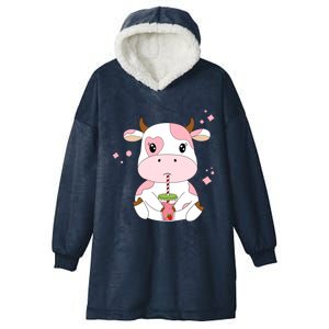 Strawberry Milk Cute Kawaii Aesthetic Pink Cow Print Gift Hooded Wearable Blanket