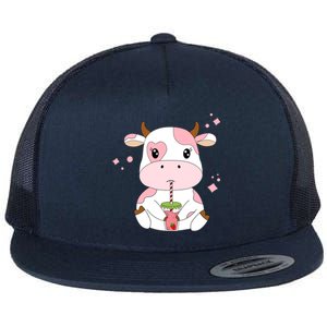 Strawberry Milk Cute Kawaii Aesthetic Pink Cow Print Gift Flat Bill Trucker Hat