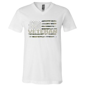 Soldier Military Camo Veteran American Flag V-Neck T-Shirt