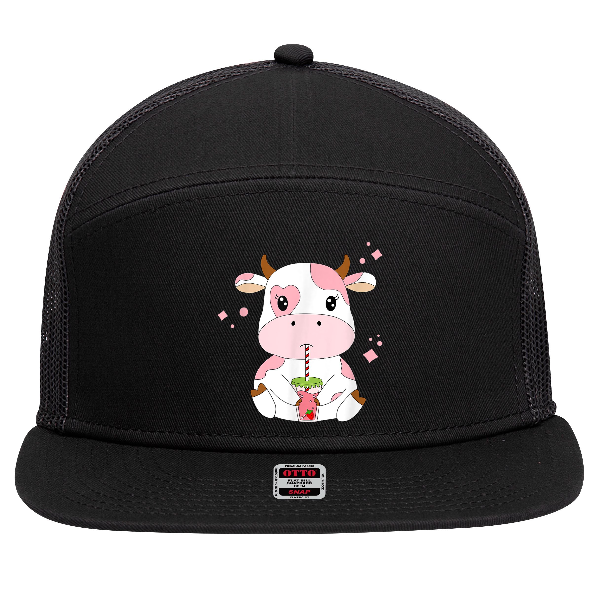 Strawberry Milk Cute Kawaii Aesthetic Pink Cow Print 7 Panel Mesh Trucker Snapback Hat