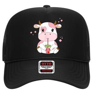 Strawberry Milk Cute Kawaii Aesthetic Pink Cow Print High Crown Mesh Back Trucker Hat