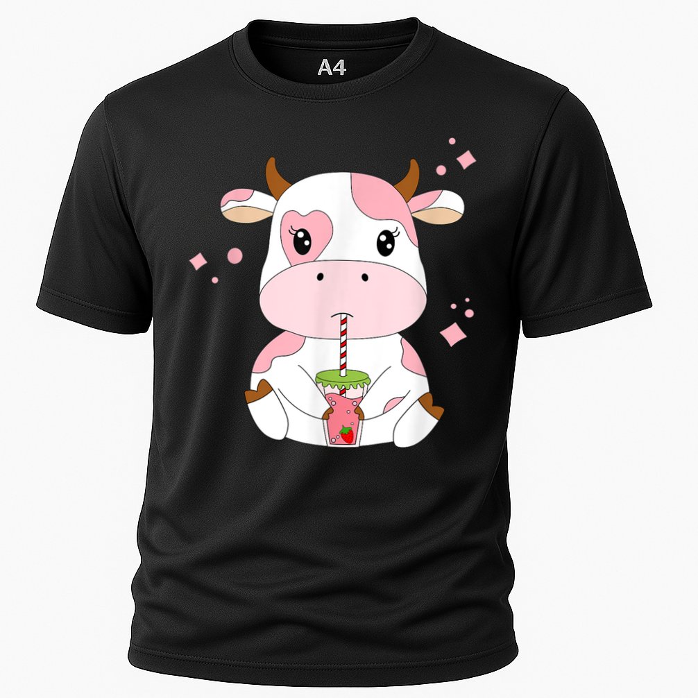 Strawberry Milk Cute Kawaii Aesthetic Pink Cow Print Cooling Performance Crew T-Shirt