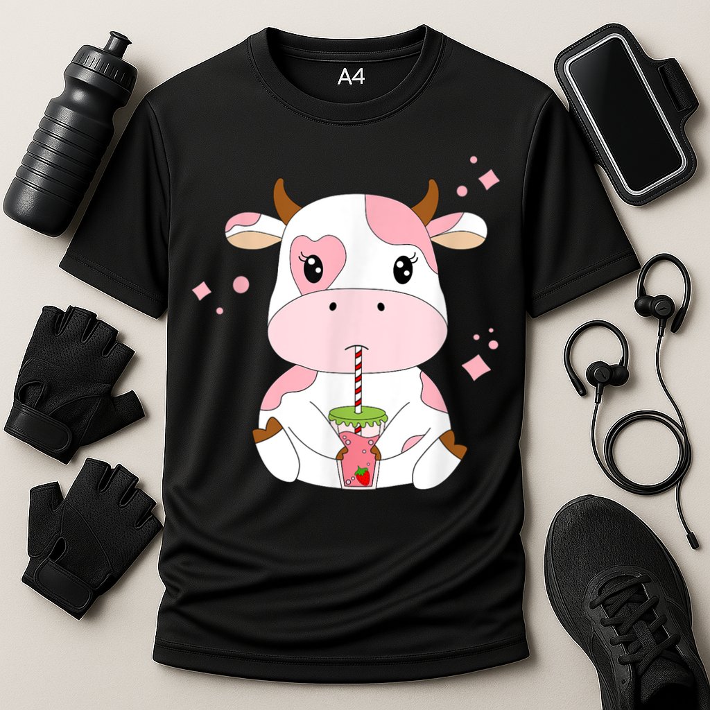 Strawberry Milk Cute Kawaii Aesthetic Pink Cow Print Cooling Performance Crew T-Shirt