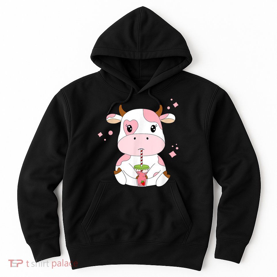 Strawberry Milk Cute Kawaii Aesthetic Pink Cow Print Hoodie