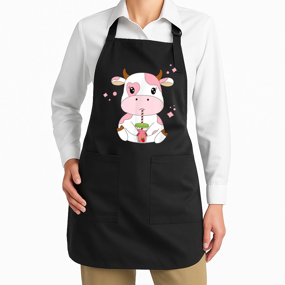 Strawberry Milk Cute Kawaii Aesthetic Pink Cow Print Apron