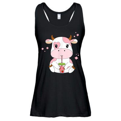 Strawberry Milk Cute Kawaii Aesthetic Pink Cow Print Ladies Essential Flowy Tank