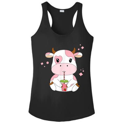 Strawberry Milk Cute Kawaii Aesthetic Pink Cow Print Ladies PosiCharge Competitor Racerback Tank