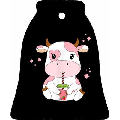 Strawberry Milk Cute Kawaii Aesthetic Pink Cow Print Ceramic Bell Ornament