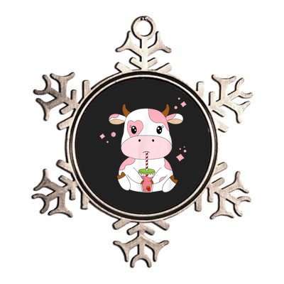 Strawberry Milk Cute Kawaii Aesthetic Pink Cow Print Metallic Star Ornament