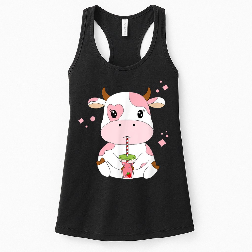 Strawberry Milk Cute Kawaii Aesthetic Pink Cow Print Womens Tank Top