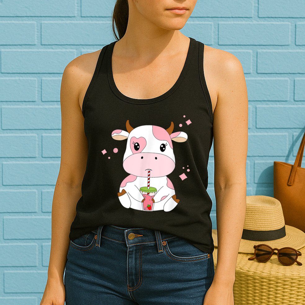 Strawberry Milk Cute Kawaii Aesthetic Pink Cow Print Womens Tank Top
