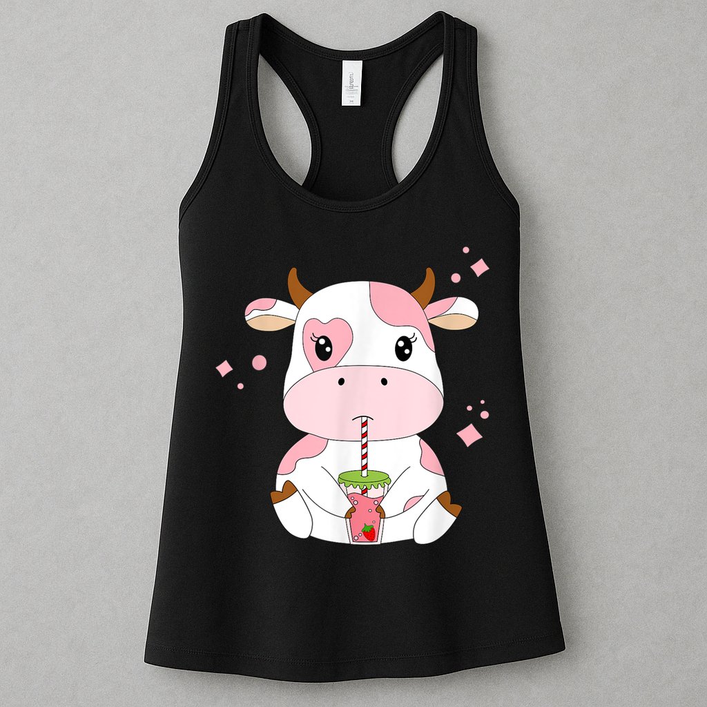 Strawberry Milk Cute Kawaii Aesthetic Pink Cow Print Womens Tank Top