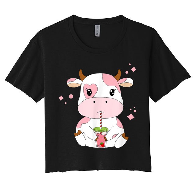 Strawberry Milk Cute Kawaii Aesthetic Pink Cow Print Crop Top