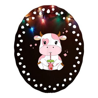 Strawberry Milk Cute Kawaii Aesthetic Pink Cow Print Ceramic Oval Ornament