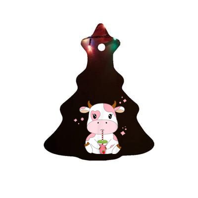 Strawberry Milk Cute Kawaii Aesthetic Pink Cow Print Ceramic Tree Ornament