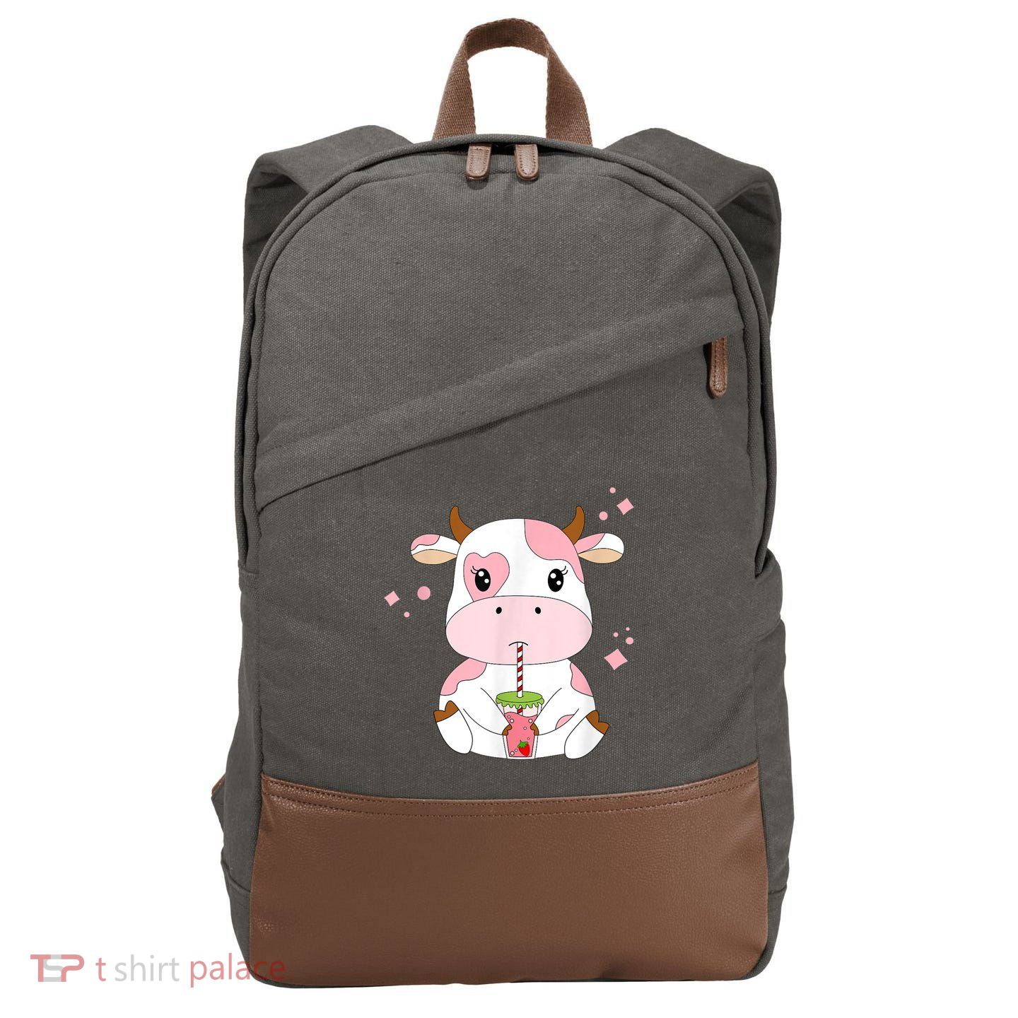 Strawberry Milk Cute Kawaii Aesthetic Pink Cow Print Cotton Canvas Backpack