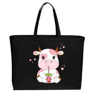 Strawberry Milk Cute Kawaii Aesthetic Pink Cow Print Cotton Canvas Jumbo Tote