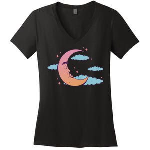 Sleeping Moon Cloud Women's V-Neck T-Shirt