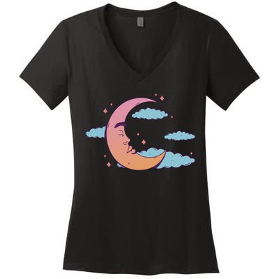 Sleeping Moon Cloud Women's V-Neck T-Shirt