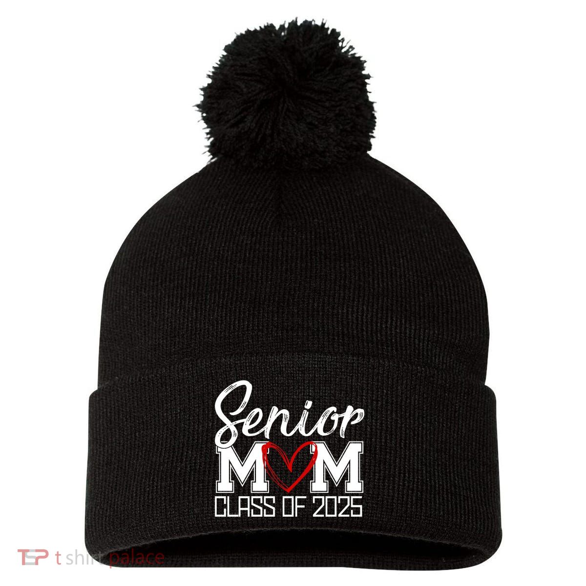 Senior Mom Class Of 2025 Heart Pom Pom 12in Knit Beanie