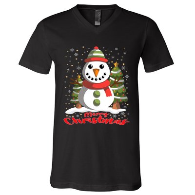 Snowman Merry Christmas Tree Snowflakes Cute Funny V-Neck T-Shirt