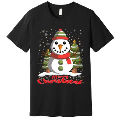 Snowman Merry Christmas Tree Snowflakes Cute Funny Premium T-Shirt