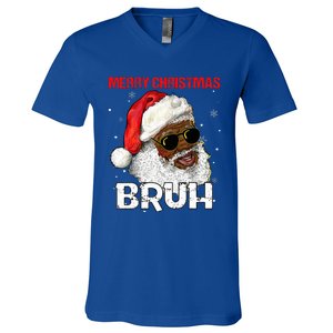 Santa Merry Christmas Bruh Afro African American Xmas Retro  V-Neck T-Shirt