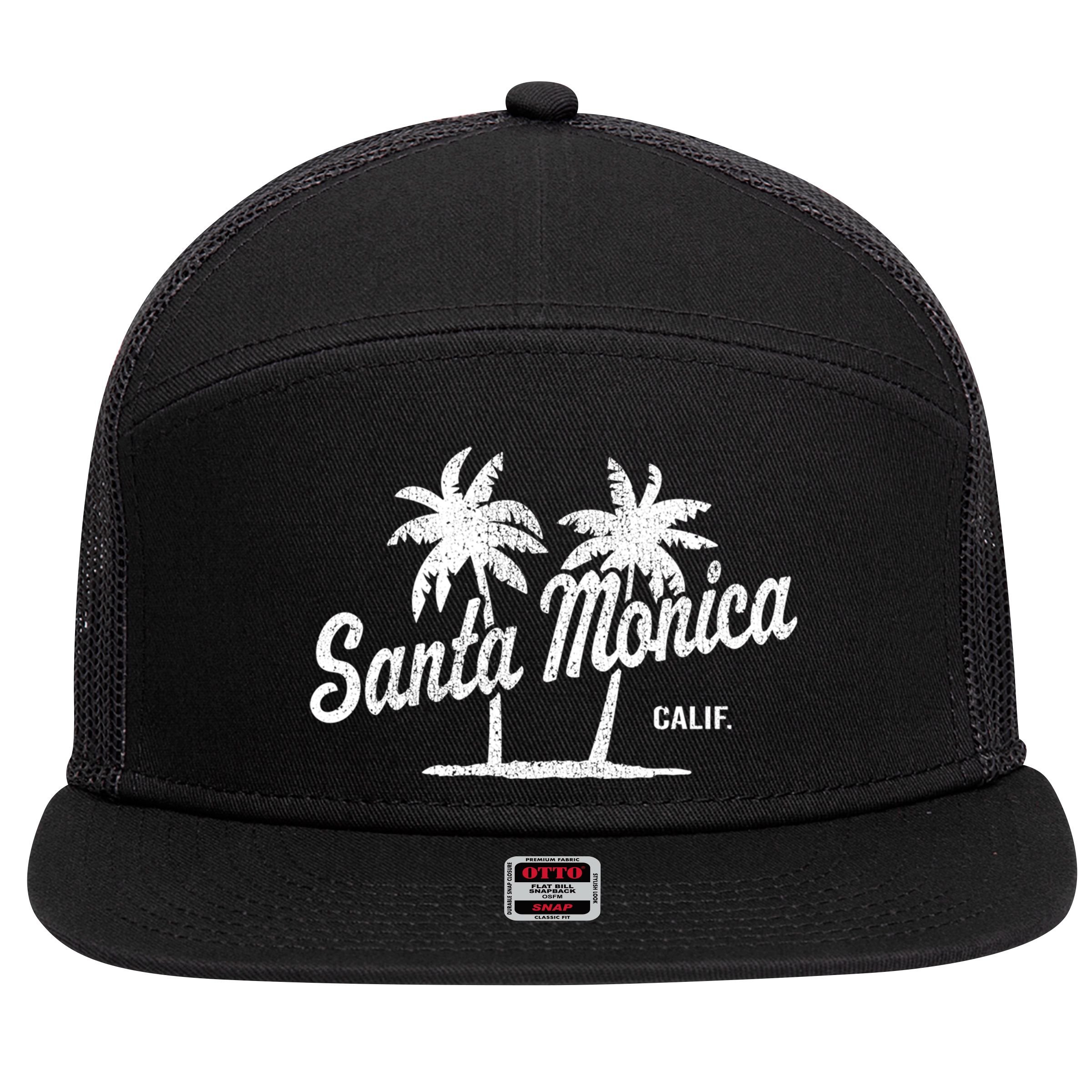 Santa Monica California Vintage 70S Palm Trees Graphic Gift 7 Panel Mesh Trucker Snapback Hat