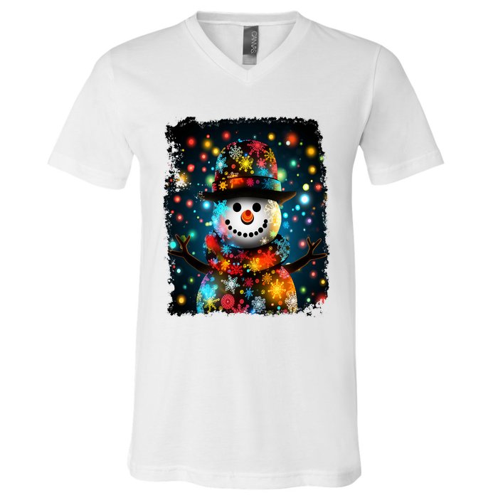 Snowman Merry Christmas Lights V-Neck T-Shirt