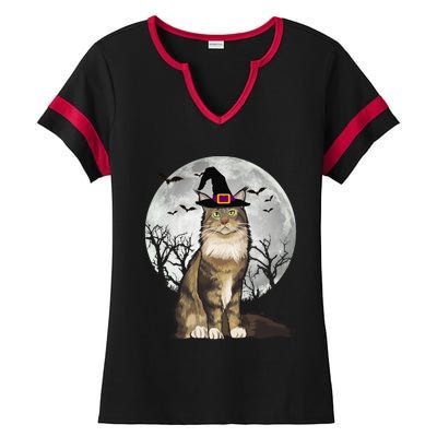 Scary Maine Coon Cat Witch Hat Halloween Gift Ladies Halftime Notch Neck Tee