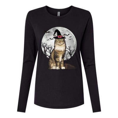 Scary Maine Coon Cat Witch Hat Halloween Gift Womens Cotton Relaxed Long Sleeve T-Shirt