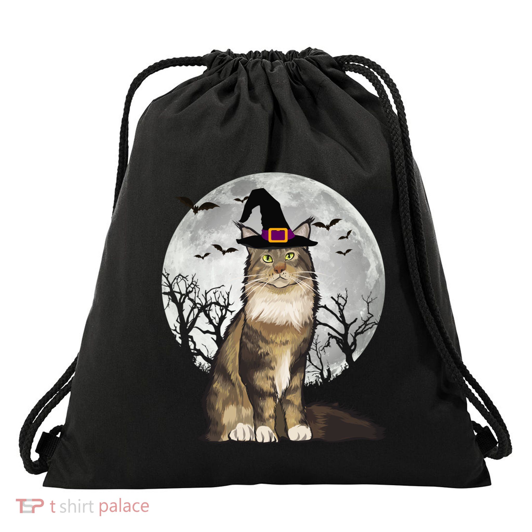 Scary Maine Coon Cat Witch Hat Halloween Gift Drawstring Bag
