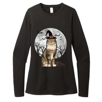 Scary Maine Coon Cat Witch Hat Halloween Gift Womens CVC Long Sleeve Shirt