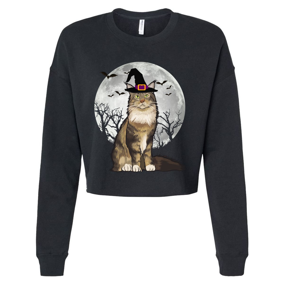 Scary Maine Coon Cat Witch Hat Halloween Gift Cropped Pullover Crew