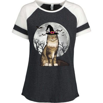 Scary Maine Coon Cat Witch Hat Halloween Gift Enza Ladies Jersey Colorblock Tee