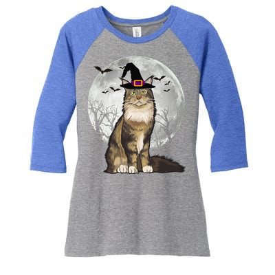 Scary Maine Coon Cat Witch Hat Halloween Gift Women's Tri-Blend 3/4-Sleeve Raglan Shirt