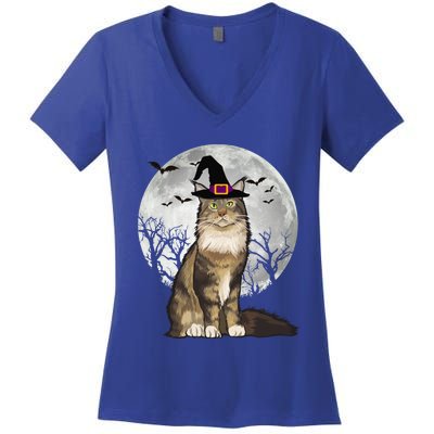 Scary Maine Coon Cat Witch Hat Halloween Gift Women's V-Neck T-Shirt