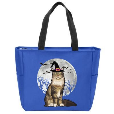 Scary Maine Coon Cat Witch Hat Halloween Gift Zip Tote Bag