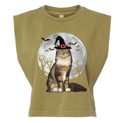 Scary Maine Coon Cat Witch Hat Halloween Gift Garment-Dyed Women's Muscle Tee